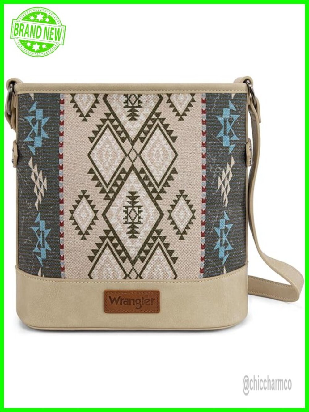 Canvas Crossbody Bag with Aztec Print, Adjustable Strap, Vegan Leather Trim